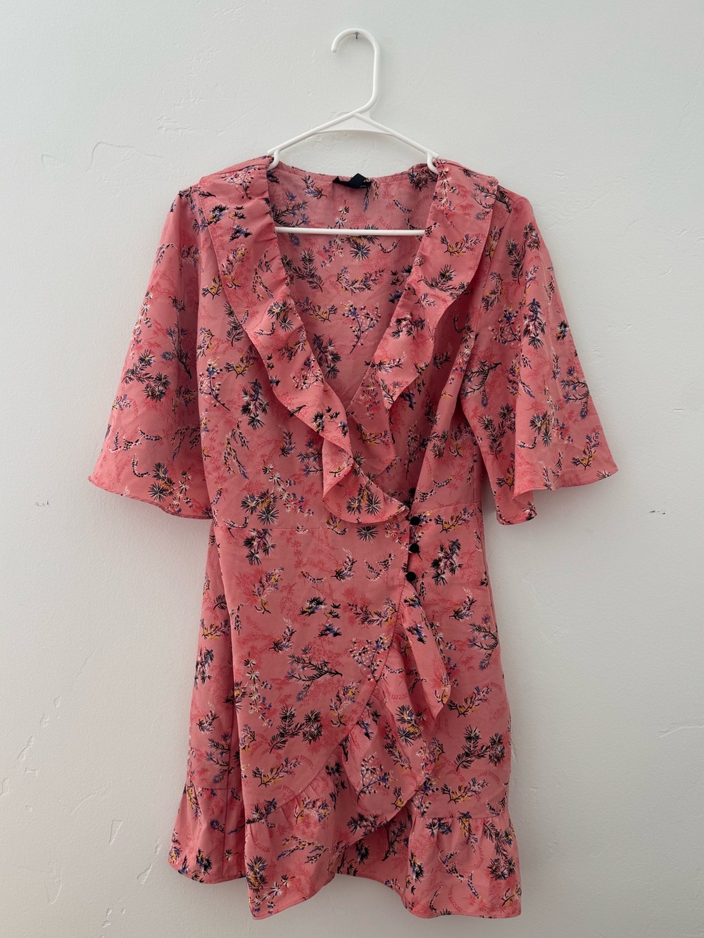 Topshop Coral Pink Floral Ruffle Wrap Dress